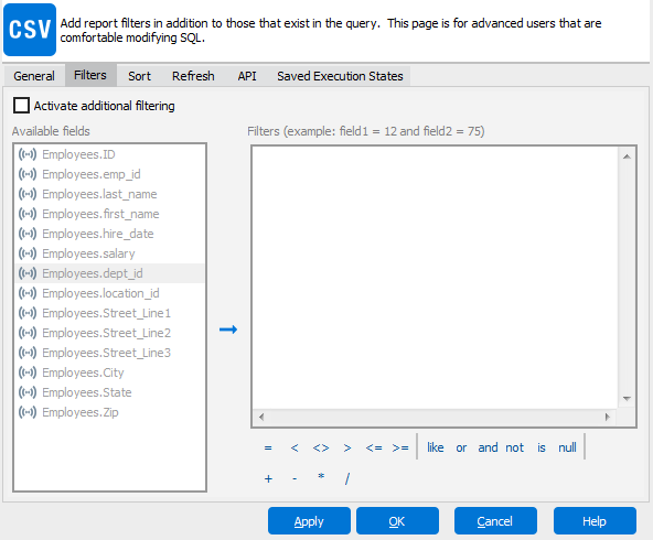 The Edit Report dialog with the Filters tab selected.  With this tab selected, all database fields are listed in the Available fields pane.